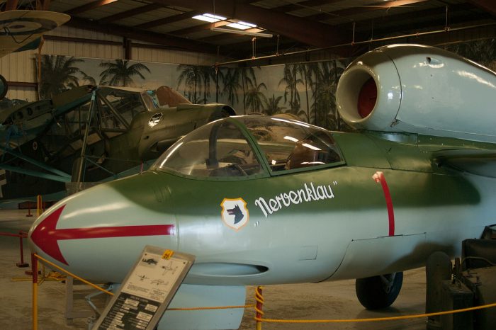 This image is clearly shows the threat presented to a pilot bailing out in the traditional way. Only an ejection seat can clear the engine of the He 162. Image by Dustin May CC BY-SA 2.0