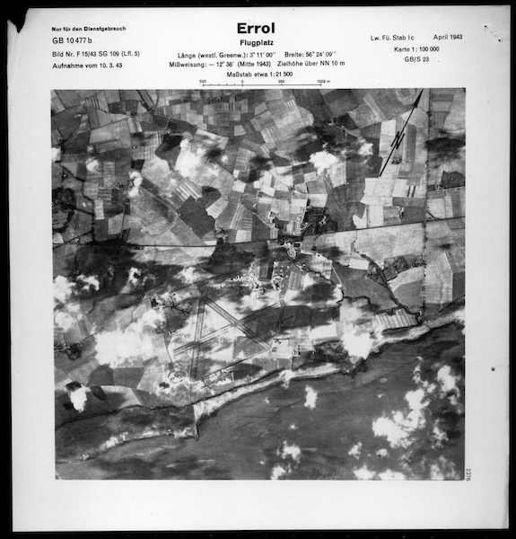 Scanned image of a Luftwaffe vertical aerial photograph of Errol airfield and the surrounding area. © Historic Environment Scotland (Luftwaffe: Aerial Reconnaissance (Scotland)).