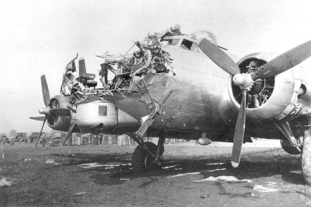 B-17G 43-38172 of the 8th AF 398th BG 601st BS which was damaged on a bombing mission over Cologne, Germany, on 15 October 1944; the bombardier was killed.