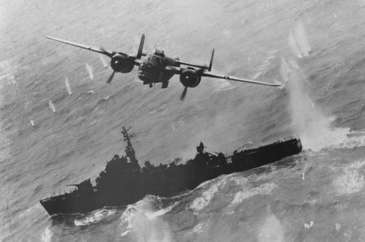 US B-25J of 499th ‘Bats Outta Hell’ Bomb Squadron of 345th ‘Air Apaches’ Bomb Group attacking Japanese Type-C Escort Vessel No. 1, in Taiwan Strait south of Amoy (Xiamen), China, 6 April 1945.